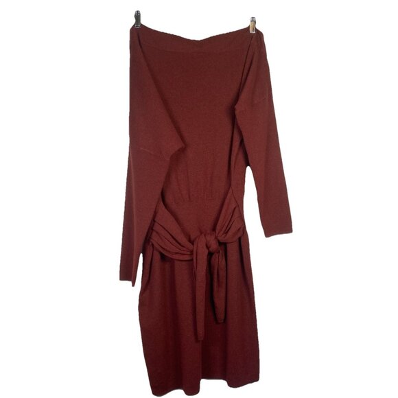 ANTHROPOLOGIE Womens L Redwood Off Shoulder Mini Dress Dolman Sleeve Tie Waist - Picture 1 of 11